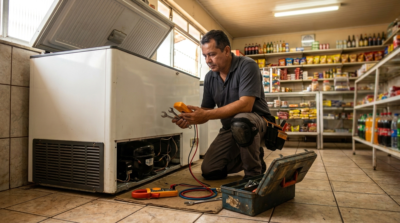 Profissional executando manutenção no motor de freezer em Fortaleza‑CE