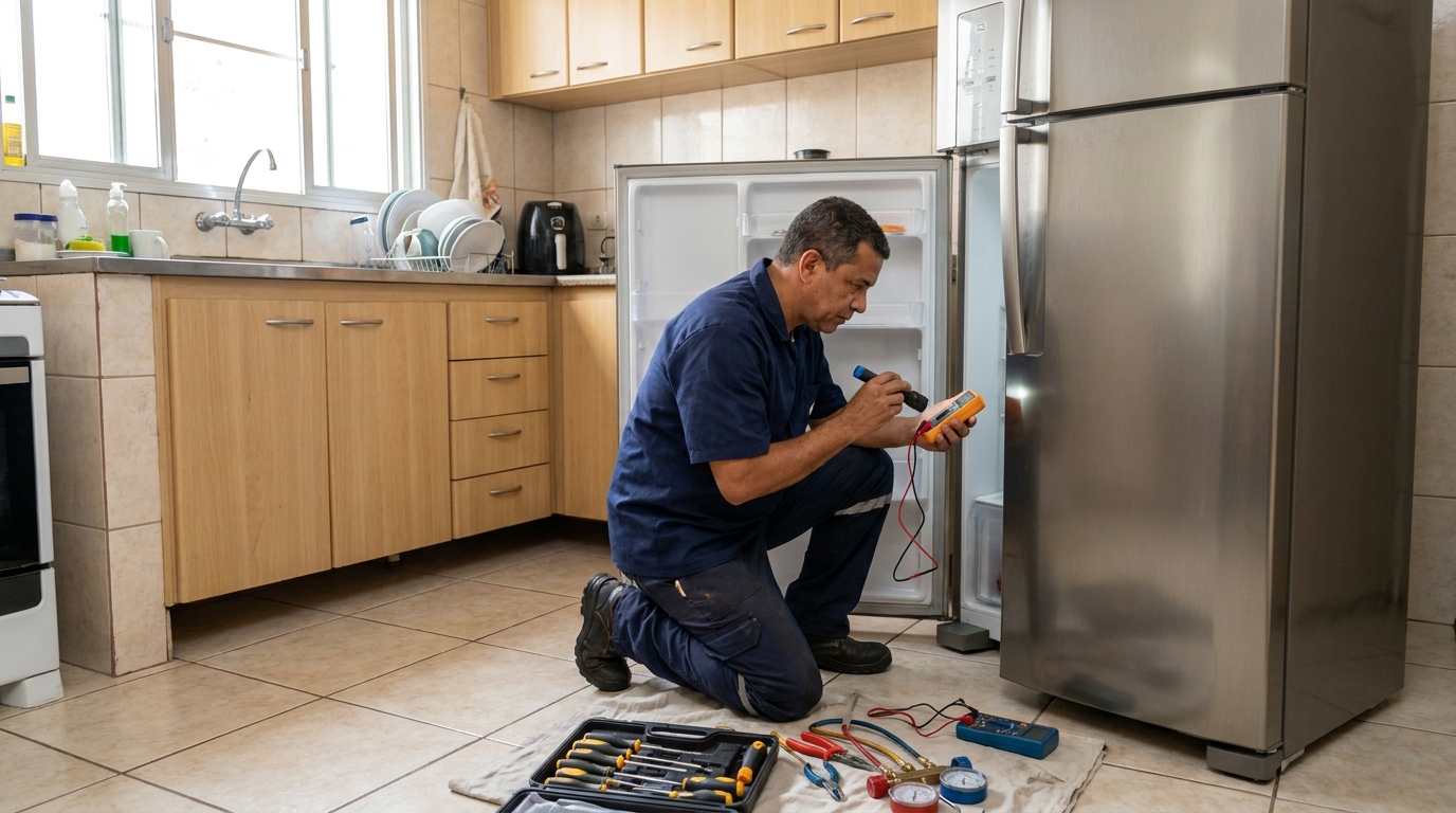 Técnico aplicando recarga de gás refrigerante em geladeira em Fortaleza‑CE